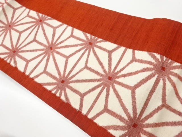 手織り紬麻の葉模様織出し名古屋帯